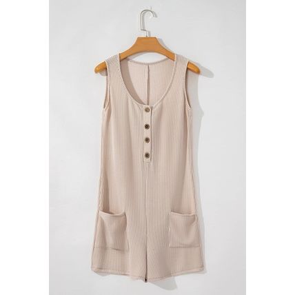 Parchment Corded Knit Side Pockets Buttoned Sleeveless Romper