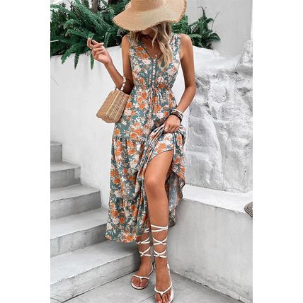 Green Floral Print Trimmed V Neck Tie Waist Sleeveless Holiday Long Dress