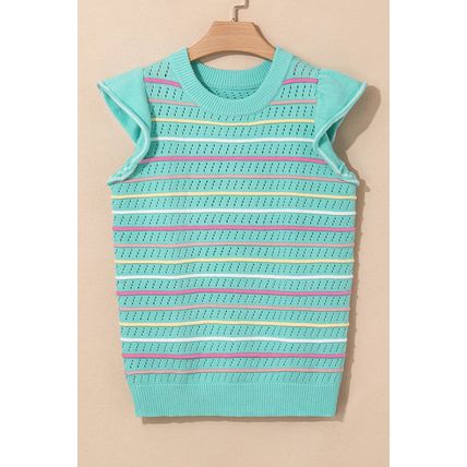 Green Colorful Striped Eyelet Knit Ruffled Sleeve Sweater T Shirt