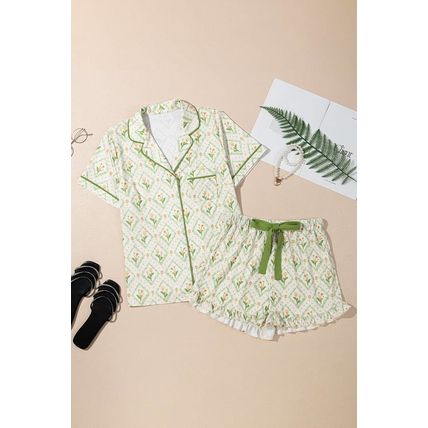 Green Floral Print Turn-down Collar Short Pajamas Set