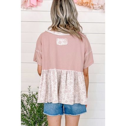 Pink Waffle Floral Patchwork Exposed Seam Detail Short Sleeve Top
