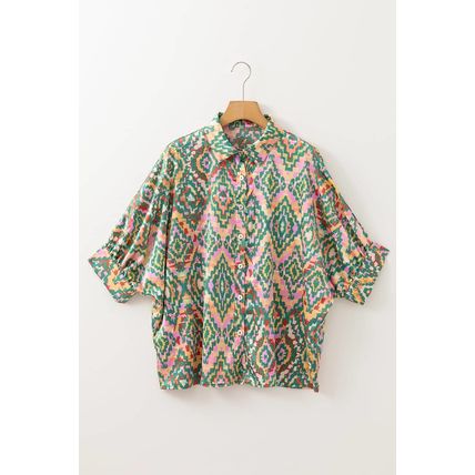 Dark Green Abstract Print Half Sleeve Button up Loose Shirt