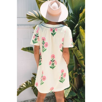 Apricot Floral Short Sleeve Split Neck Loose Mini Dress