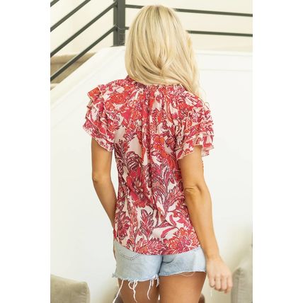 Red Vintage Floral Ruffle Sleeve V Neck Blouse