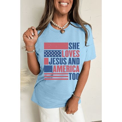 Light Blue SHE LOVES JESUS AND AMERICA TOO Flag Graphic T Shirt