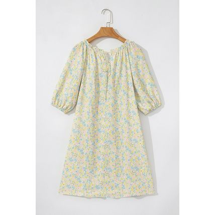 Green Floral Half Sleeve Frilled U Neck A-line Short Dress