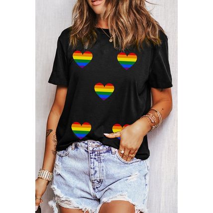 Black Heart Print Crew Neck Chic T Shirt