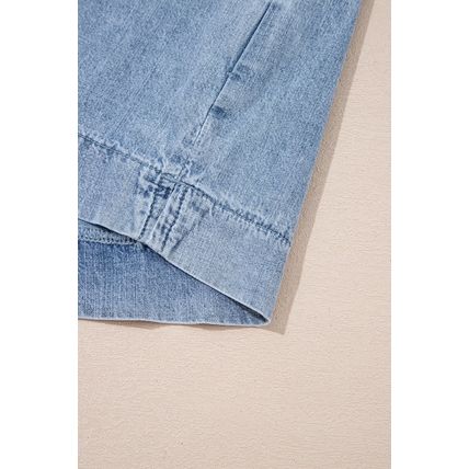Myosotis Pintuck Pleats Puff Sleeve Split V Neck Summer Denim Top
