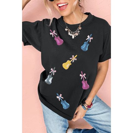 Black Sequined Bow Guitar Country Music Festival Casual Tee