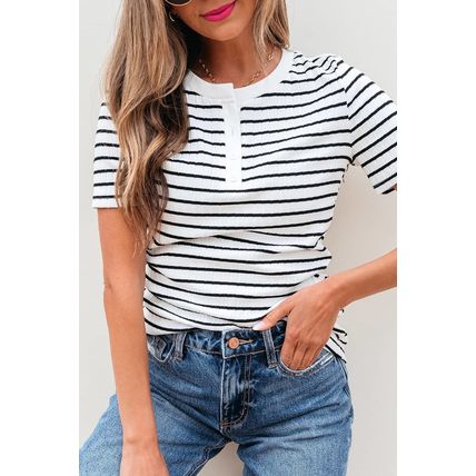White Stripe Textured Short Sleeve Buttoned Henley Top