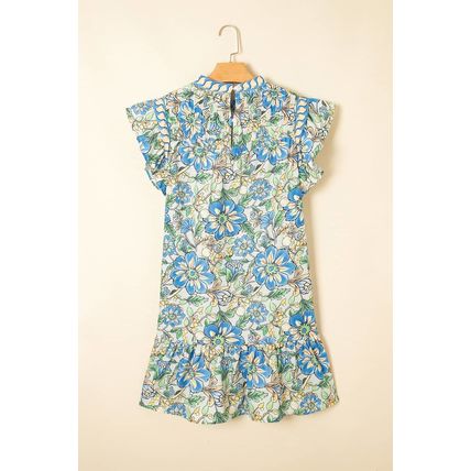 Spinach Green Botanical Floral Print Pleated Ruffle Detail Short Dress