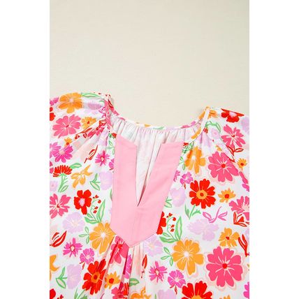 White Floral Split V Neck Wide Short Sleeve Plus Size Blouse Top