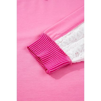 Bonbon Lace Striped Patchwork Long Sleeve Corded V Neck Plus Size Top