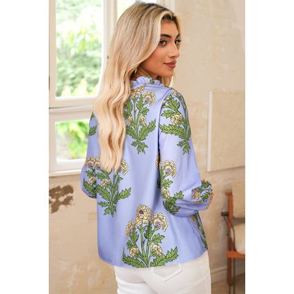 Sky Blue Floral Print Button Tie Neck Long Puff Sleeve Blouse