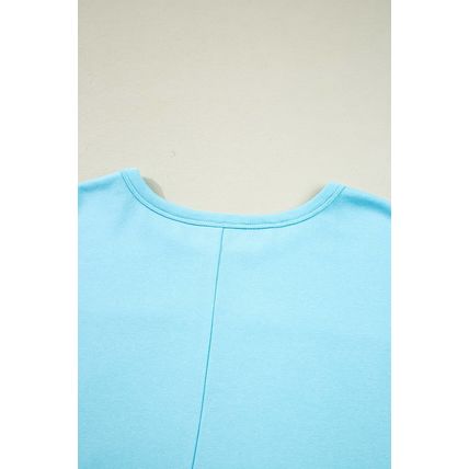 Aruba Blue Plus Size Solid Color Splicing Raw Hem Pullover Top Shorts Set