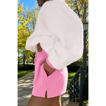 Strawberry Pink Color Block Pullover and Lace-up Elastic Waist Shorts Set