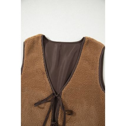 Light French Beige Contrast Trim Tie Front Sherpa Vest