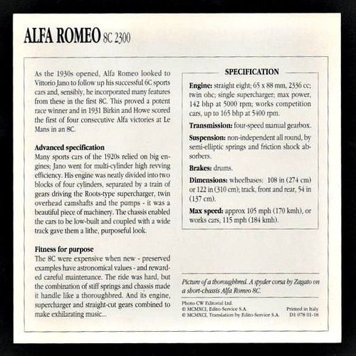 1931-1934 ALPHA ROMEO 8C 2300 Classic Car Photograph and Information Maxi Card