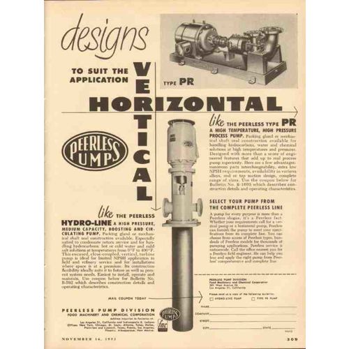 food machinery chemical corp 1953 designs peerless pump vintage ad