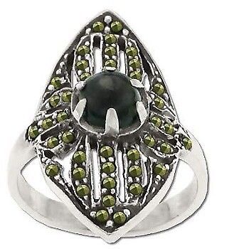 Sterling Silver Genuine 21 Marcasite Stone and Onyx Band Ring with
