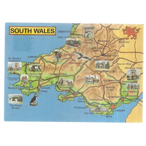 SOUTH WALES MAP , used postcard 1989 postmark by Judges.. #