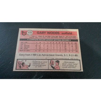 1981 Topps Card # 172 Gary Woods Very Good-Excellent (4) Houston Astros