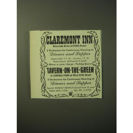 1948 Claremont Inn and Tavern on the Green Restaurant Advertisement
