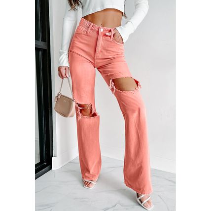 Pink High Waist Ripped Straight Leg Pocket Jeans