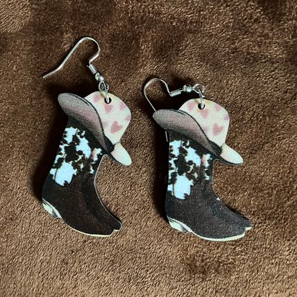 Earrings Heart Hat Western Cowboy Boots Wooden #703