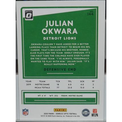 2020 Donruss Optic JULIAN OKWARA (Detroit Lions) Rookie Card #144