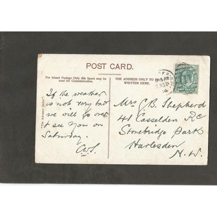 Genealogy Postcard1904 Mrs Shepherd 41 Casseldon Road Stonebridge Park Harlesden
