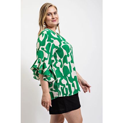 Women's Green & White Geometric Print Ruffled Bell Sleeve Woven Top