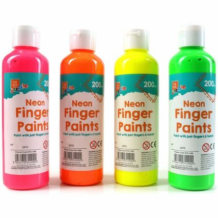 4 x NEON FINGER PAINTS Non Toxic Safe Kids Art Craft Green Pink Orange Yellow UK