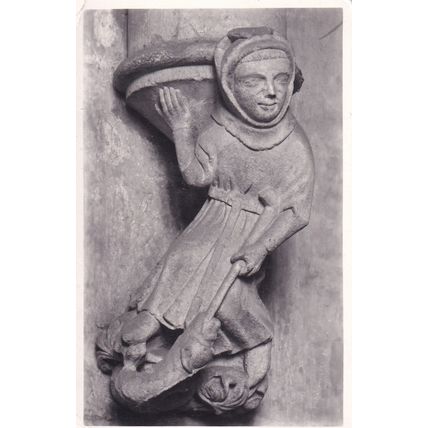 B&W Postcard - Carved figure, Wells Cathedral, Somerset
