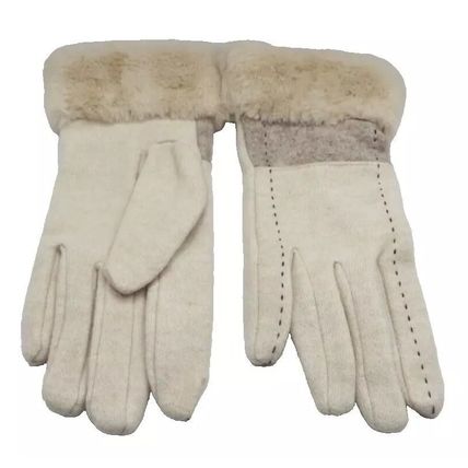 Ladies Gloves Cream Stitch Design Faux Fur Edging Clothing Accessory 23.5 CM