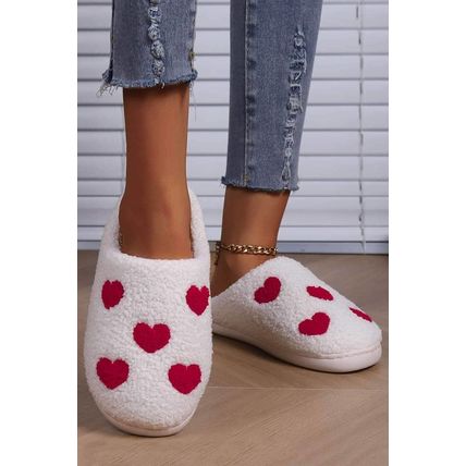 White Valentines Day Hearts Print Plush House Slippers