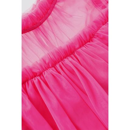 Strawberry Pink Tulle Ruffle Sleeve Flared Babydoll Blouse