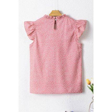 Pink Polka Dots Ruffle Flutter Sleeve Frilled Neck Blouse