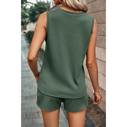 Mist Green Waffle Knit Patched Pocket Tank and Drawstring Shorts Set