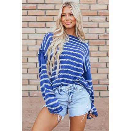 Sky Blue Stripe Drop Shoulder Casual Sweater