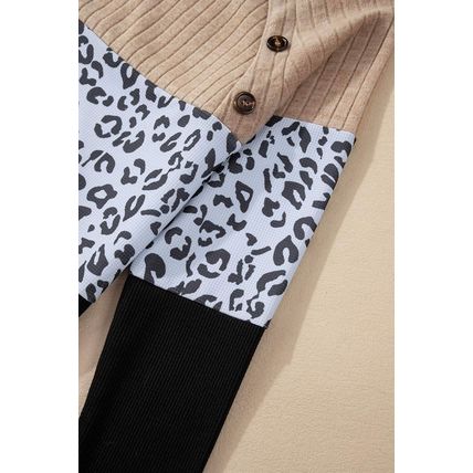 Black Cheetah Textured Patchwork Buttoned Round Neck T Shirt