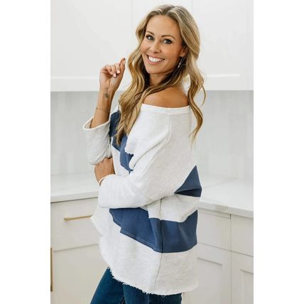 Sail Blue Colorblock Striped Patchwork Raw Seamed Sweatshirt