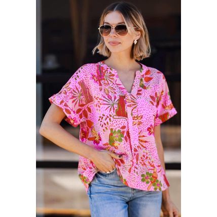 Rose Jungle Floral Print Notch V Neck Blouse