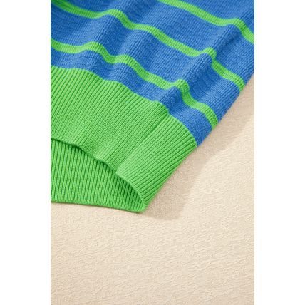 Sky Blue Stripe Trimmed Round Neck Drop Shoulder Loose Sweater