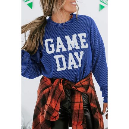 Bluing Corded GAME DAY Graphic Long Sleeve Crewneck Top