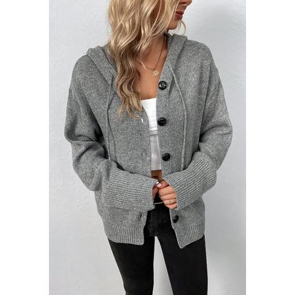 Medium Grey Drawstring Hooded Button Up Drop Shoulder Sweater Cardigan