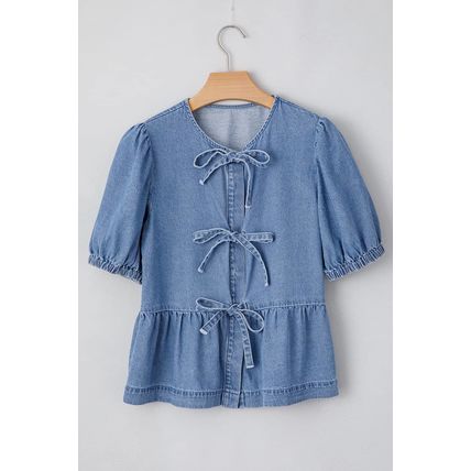 Dusk Blue Tied Front Bubble Sleeve Peplum Denim Shirt