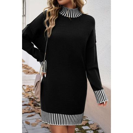 Black Striped Trim Mock Neck Dropped Long Sleeve Sweater Mini Dress