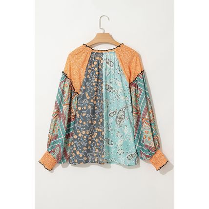 Green Floral Patchwork Lantern Sleeve Buttoned V Neck Plus Size Blouse