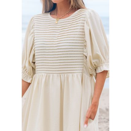 White Textured Ruffled Puff Sleeve Loose Dress